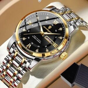 POEDAGAR Men's Watch Date Week Waterproof Luminous Quartz Stainless Steel Black